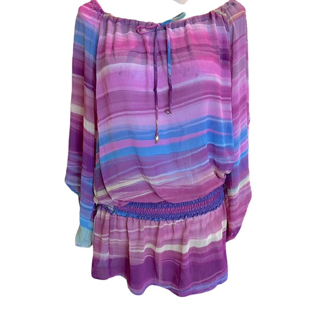 SOLO colorful oversized swim cover up/ top 3/4 sleeves elastic at waist s…